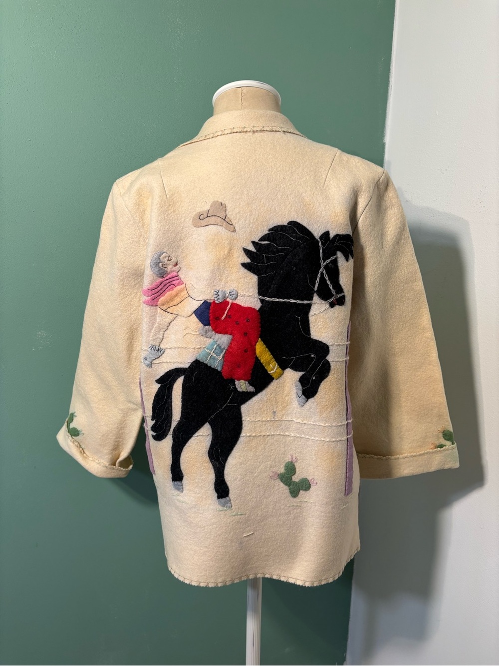 Vintage 1950’s Cream Western Wool Jacket with Black Horse Appliqué As Is